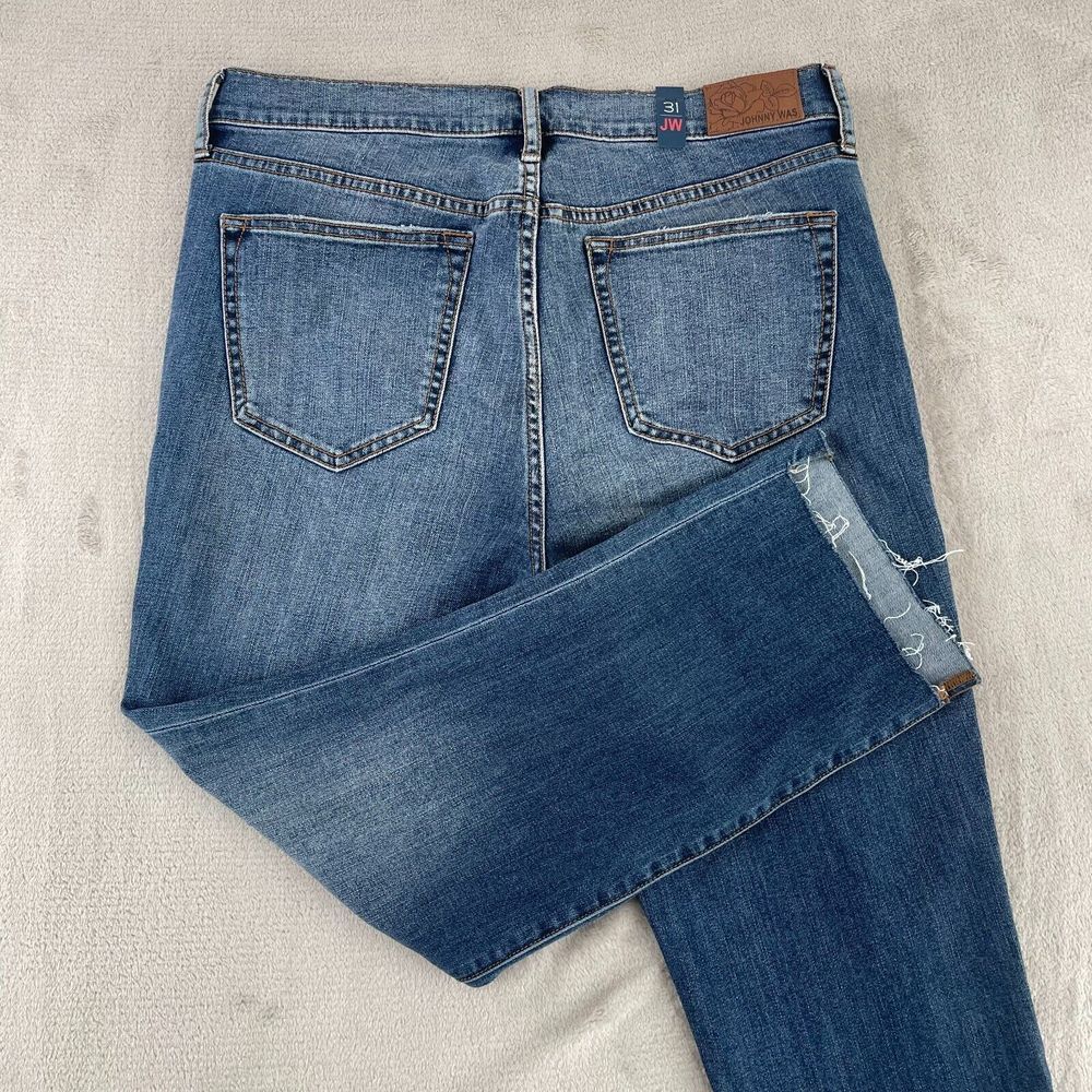 Johnny Was Cropped Skinny Jeans 31 (Fits 32x25) Blue Step Frayed Hem NWOT